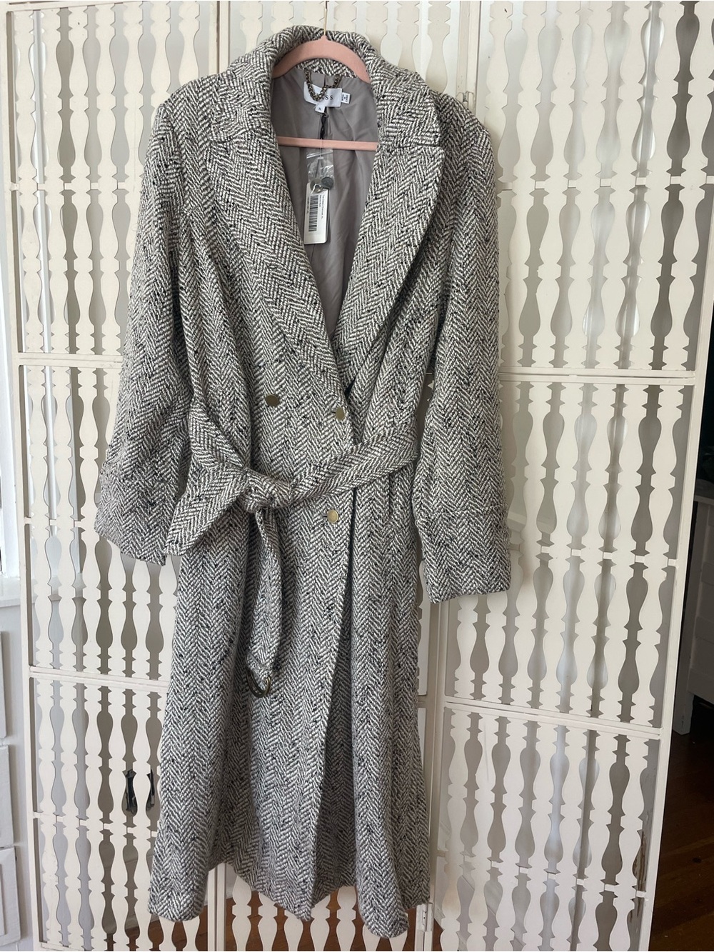 Wool-Blend NWT Brass Clothing Long Overcoat with Belt, Natural Multi Herringbone